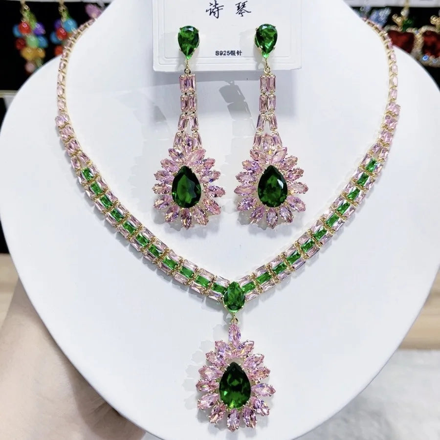 K048 Top Quality Trendy Luxury Classic Water Drop Zircon Necklace Earrings Set Elegant Women's Jewelry Set