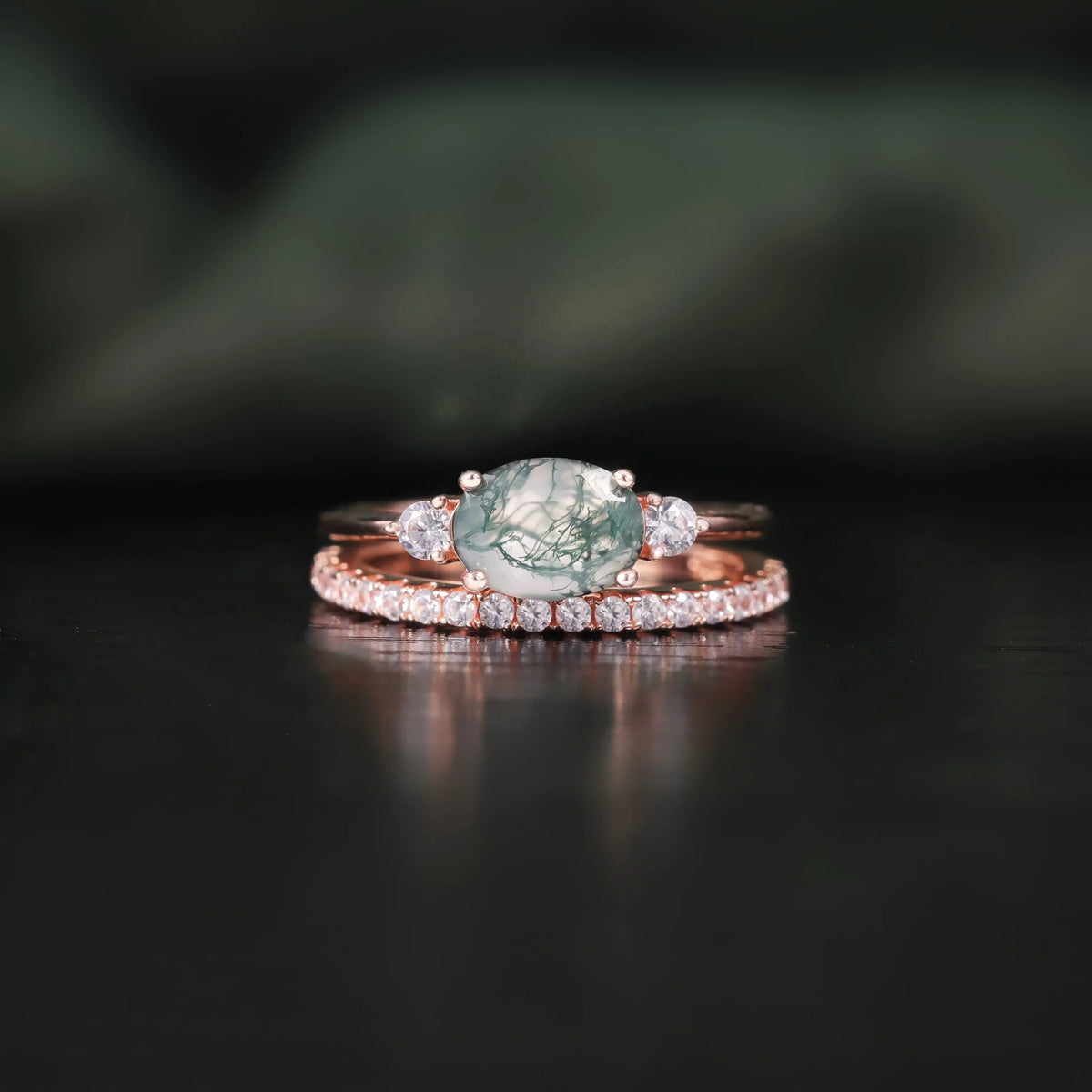 ArtistA Abiding Contemporary Simple East West Setting Natural Oval Moss Agate Rose Gold Plated 925 Sterling Silver Gemstone Rings Sets