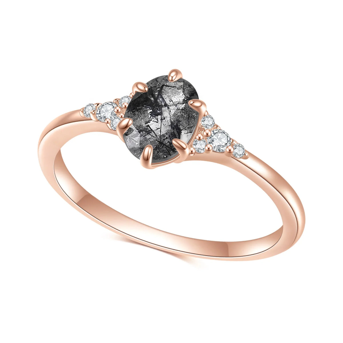 Gemfiori Abiding OEM Factory Direct Sale Rose Gold Plated 925 Sterling Silver Natural Black Rutilated Quartz with White CZ Side Stones