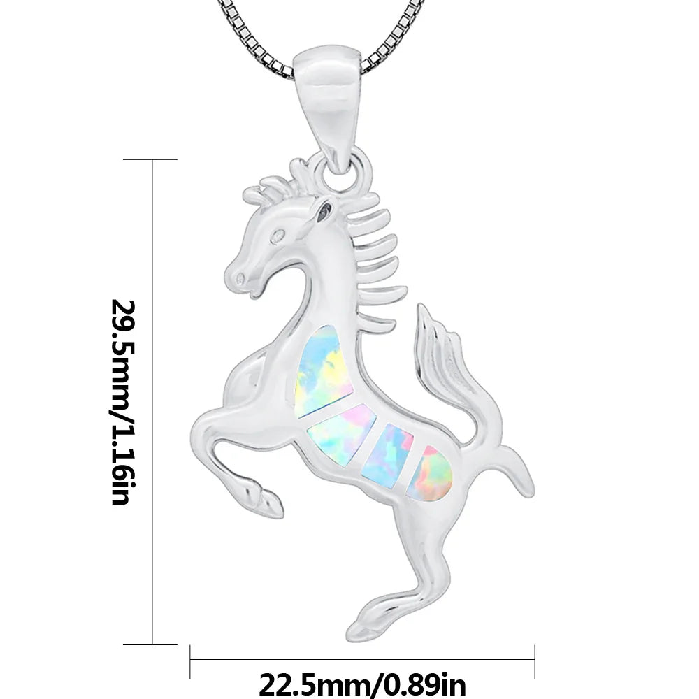 Delicate Western Horse Pendant-Copper Silver Plated White Opal Sweater Chain Link Chain Trendy for Women's Layering Look