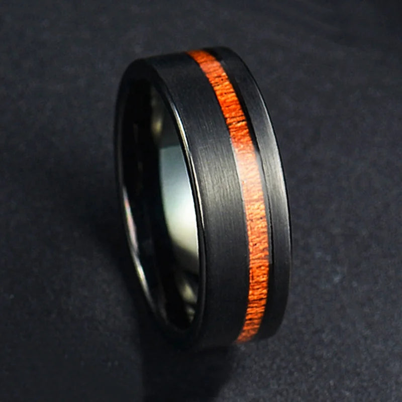 Non Tarnish Comfort Fit Hawaiian Koa Wood Inlay Brushed 8mm Black Tungsten Carbide Rings for Men Women