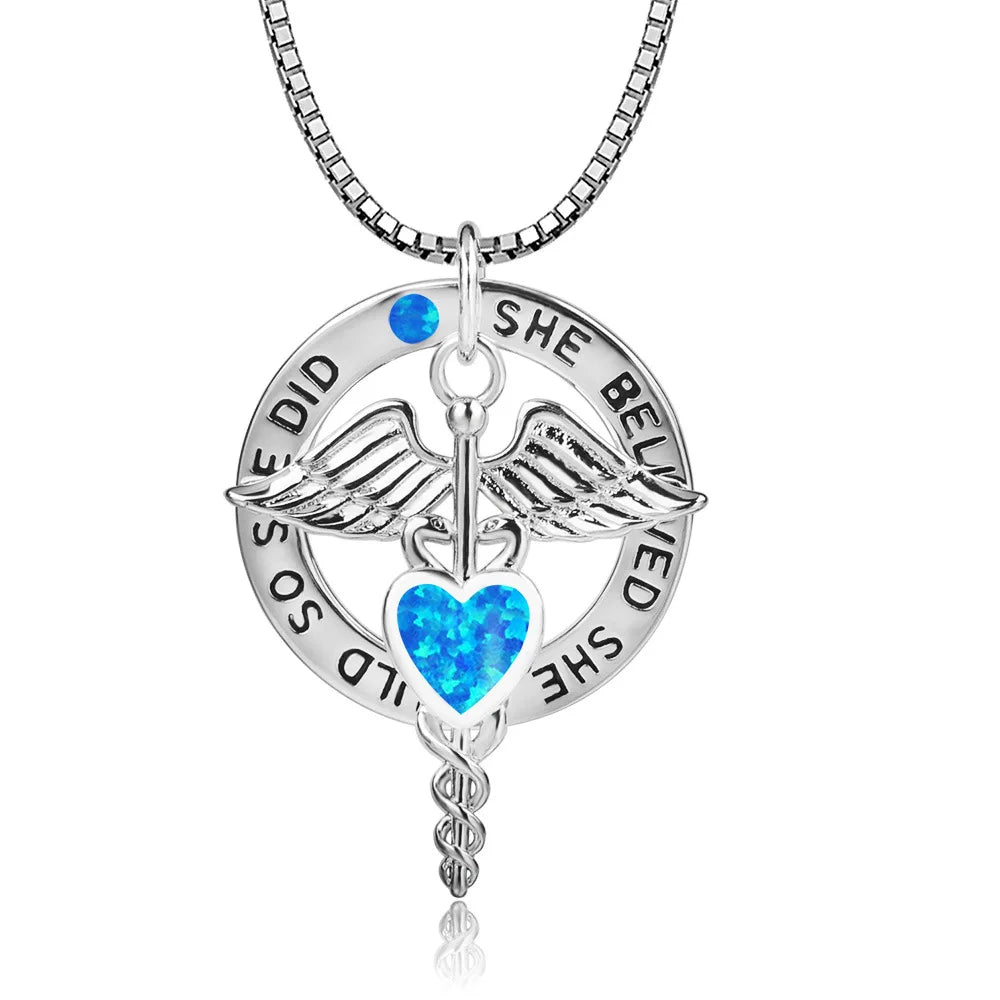 Aobao Women's Christian Angel Collarbone Necklace Blue Heart Pendant Copper Silver Plated Lab Created Opal Sweater Chain Gift