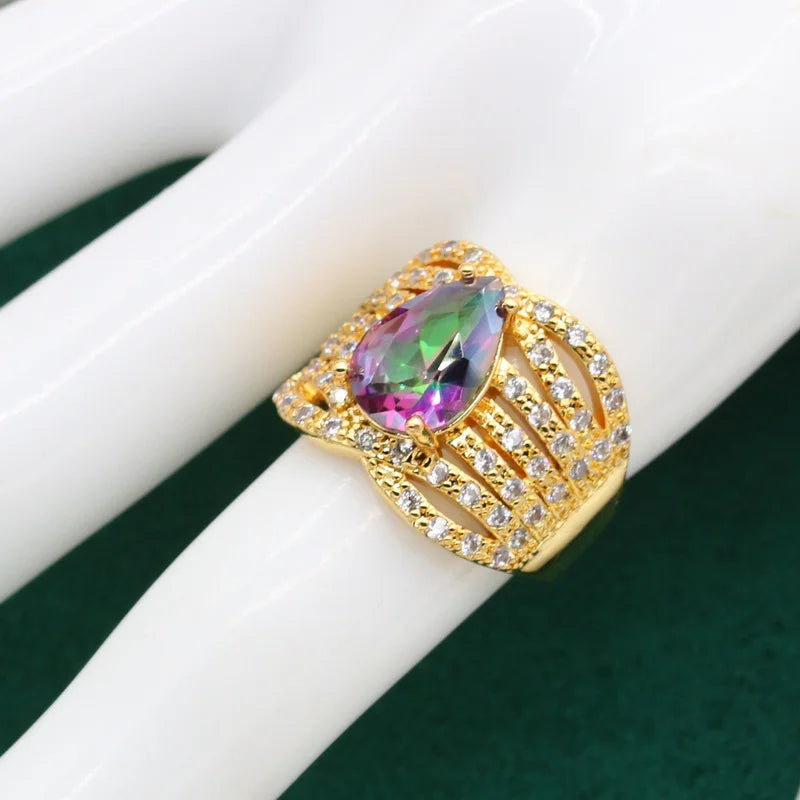 XOTICA Custom Gold Jewellery Set for Women Wedding Rainbow Zircon Bracelet Earrings Necklace Pendant Ring-Dazzling Alloy for Parties