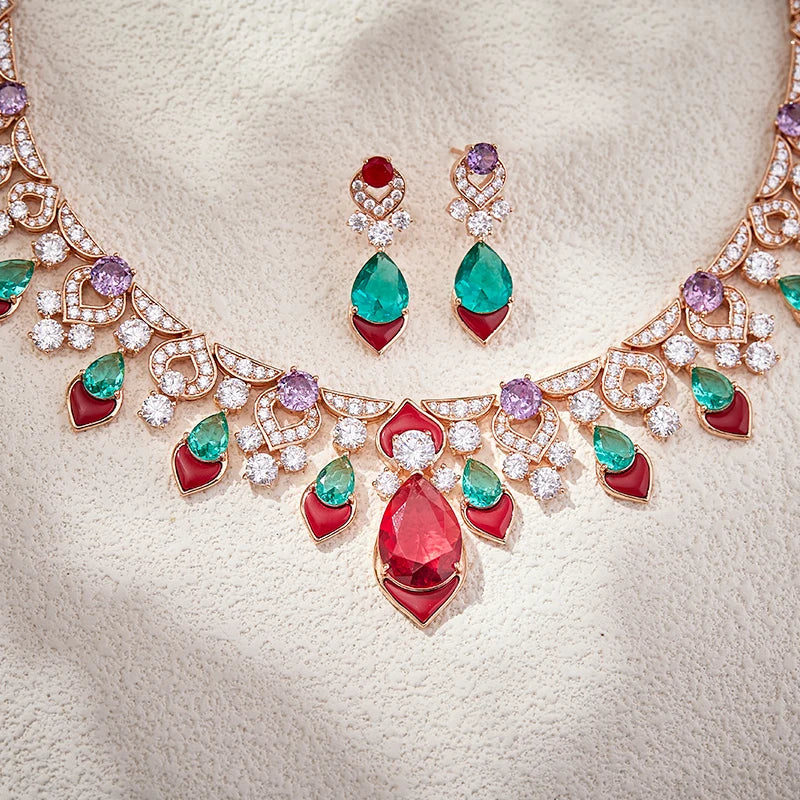2025 New Women's High End Jewelry Brass Necklace Earrings Red Agate High Quality Zircon Luxury Wedding Gift