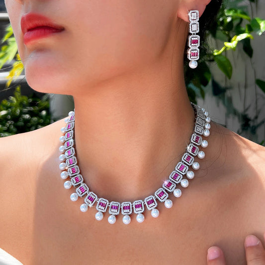 Women Glamorous Necklace and Earrings Red Cubic Zirconia Bridal Pearl Jewelry Set for Anniversaries Engagement Wedding Jewellery