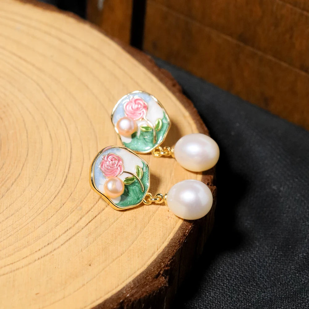 Natural Freshwater Pearl Rose Vintage Earrings Korean Style Women Luxury Jewelry Fashion Ladies and Girls Gift GE1568