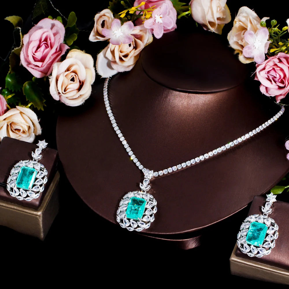 Silver Plated Green Princess Cut Cubic Zirconia Drop Necklace and Earring Jewelry Set for Women Bridal Engagement Luxury Costume