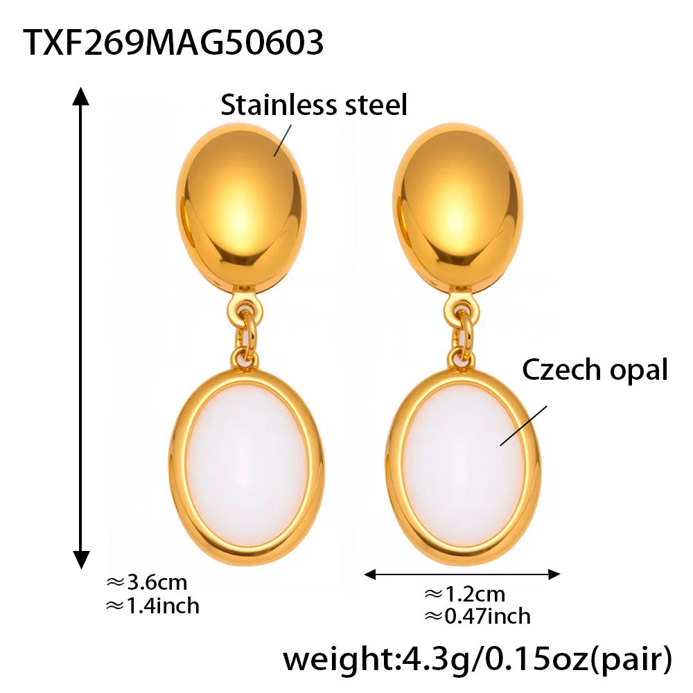 Natural Oval Opal Necklace, Bracelet & Earrings Jewellery Set | Bohemian Gold Plated Stainless Steel Set