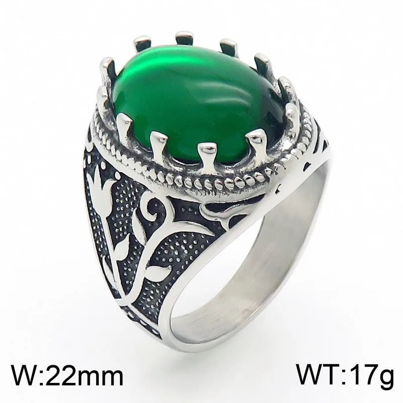 Kalen Vintage Viking Jewelry Luxury Court Style Gemstone Carved Zircon Inlays Stainless Steel Men Rings