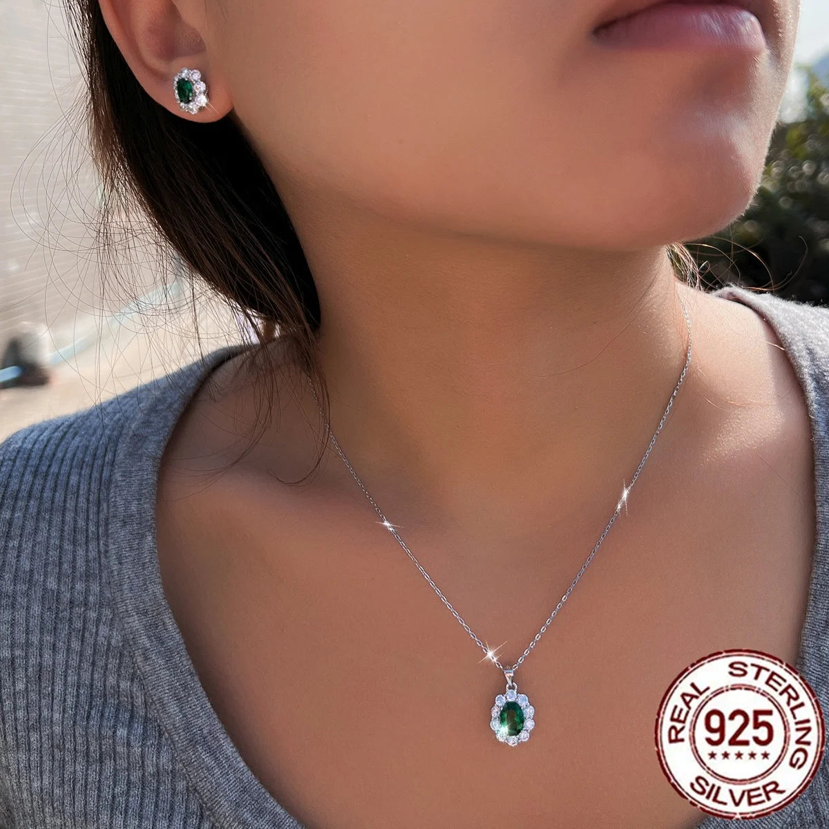 925 Sterling Silver Green Oval CZ Jewelry Set Rhodium Plated Flower Pendant Necklace Stud Earrings Bridal Wedding Engagement