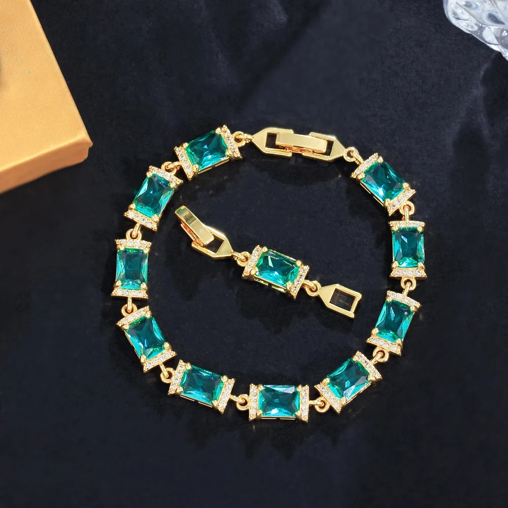 Gemfiori Glamorous Jewelry Gold Plated Rectangle Light Green Cubic Zirconia Anniversary Wedding Party Chain Link Bracelets for Women Man