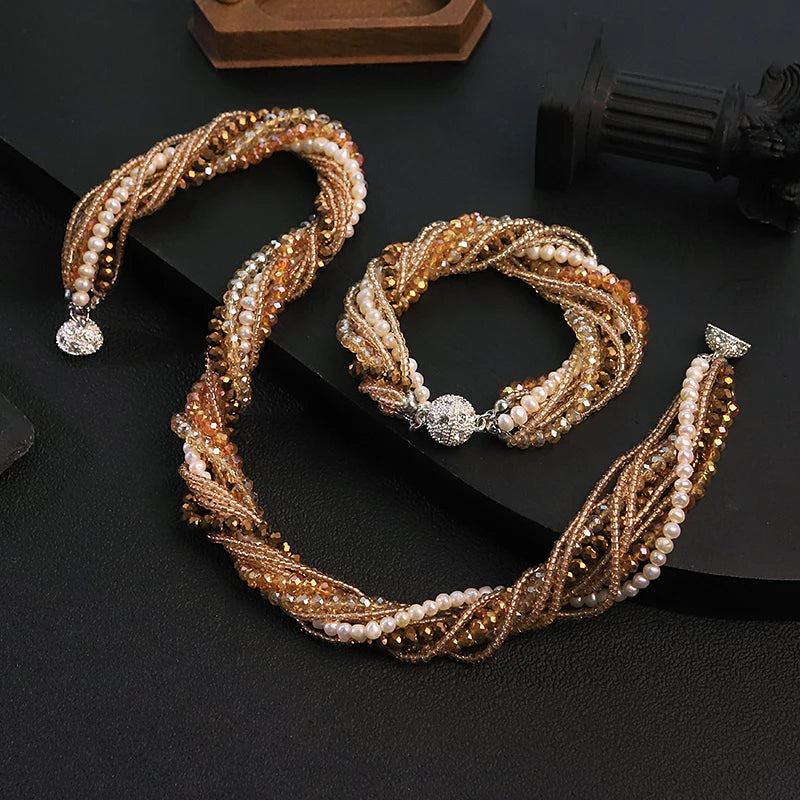 Natural Freshwater Pearl Khaki Glass Bead Jewelry Set for Women Wedding Banquet Party Dainty Pearl Jewelry Set Luxury Jewelry
