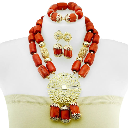 Zhuerrui Red Coral Bead Jewelry Set Handmade Square Tube Bead Necklace and Earrings Set Suitable for Wedding Parties YL233