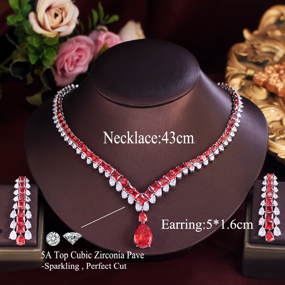 Luxury White Red Water Drop Zirconia Long Dangle Earrings and Necklace Bridal Wedding Party Jewelry Set for Women