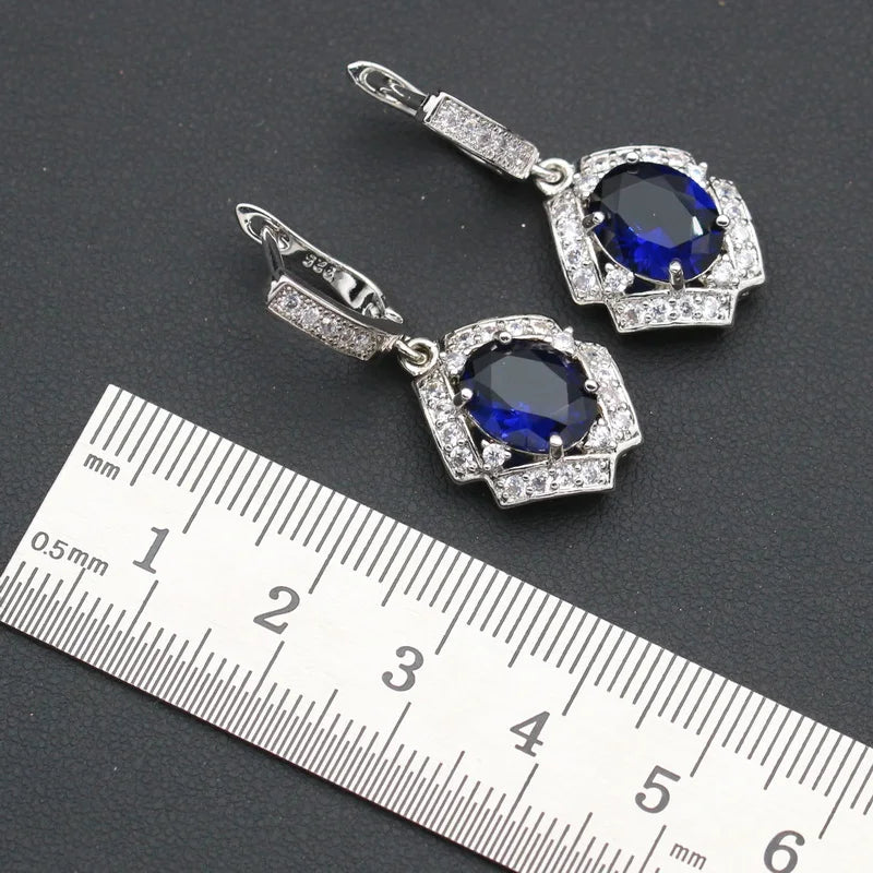 XOTICA Silver Color Alloy Women's Set Wedding Royal Blue Cubic Zirconia Earrings Necklace Pendant Open Ring Bracelet Party Halloween