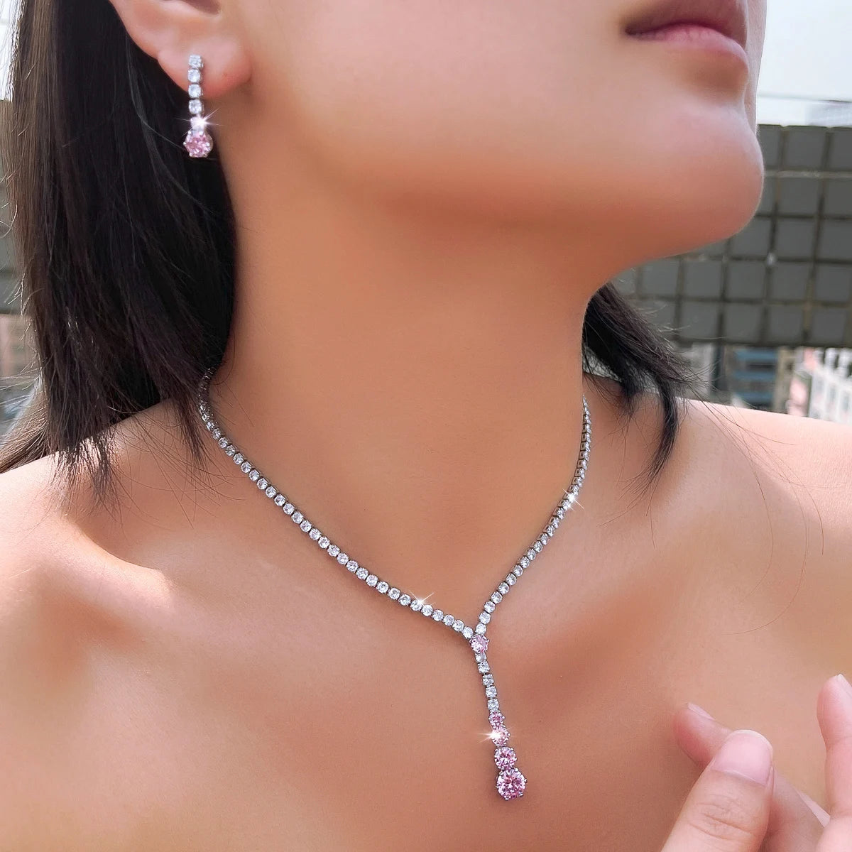 Charming CZ Jewelry Set Long Round Tennis Brilliant Cut Pink Zircon Necklace Earring Rhodium Plated CZ Women Wedding Jewelry Set