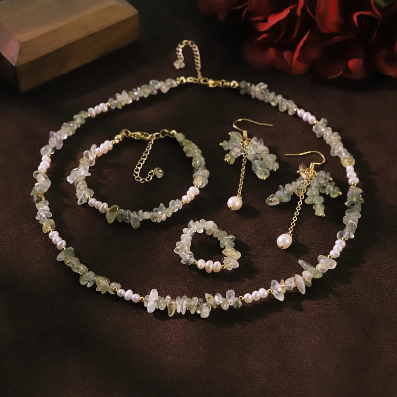 GLSEEVO Natural Freshwater Pearl & Green Prehnite 4-Piece Jewellery Set — Necklace, Bracelet, Earrings & Ring