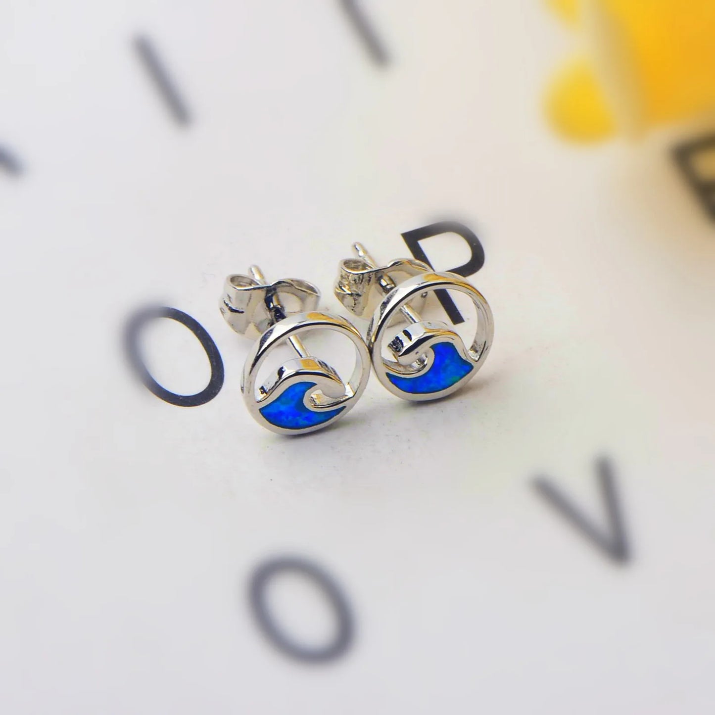 Ocean Wave Opal Stud Earrings - Blue Fire Opal Inlaid Circle Wave Design | Coastal Minimalist Jewelry Bulk Gifts