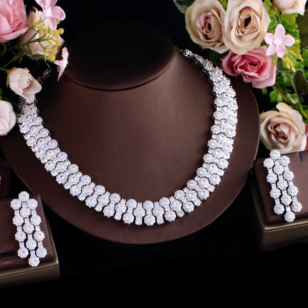 Glamorous Full Cubic Zirconia Pave Round Big Luxury Chunky Wedding Party Necklace Arabic Pakistani Bridal Pageant Jewelry Sets