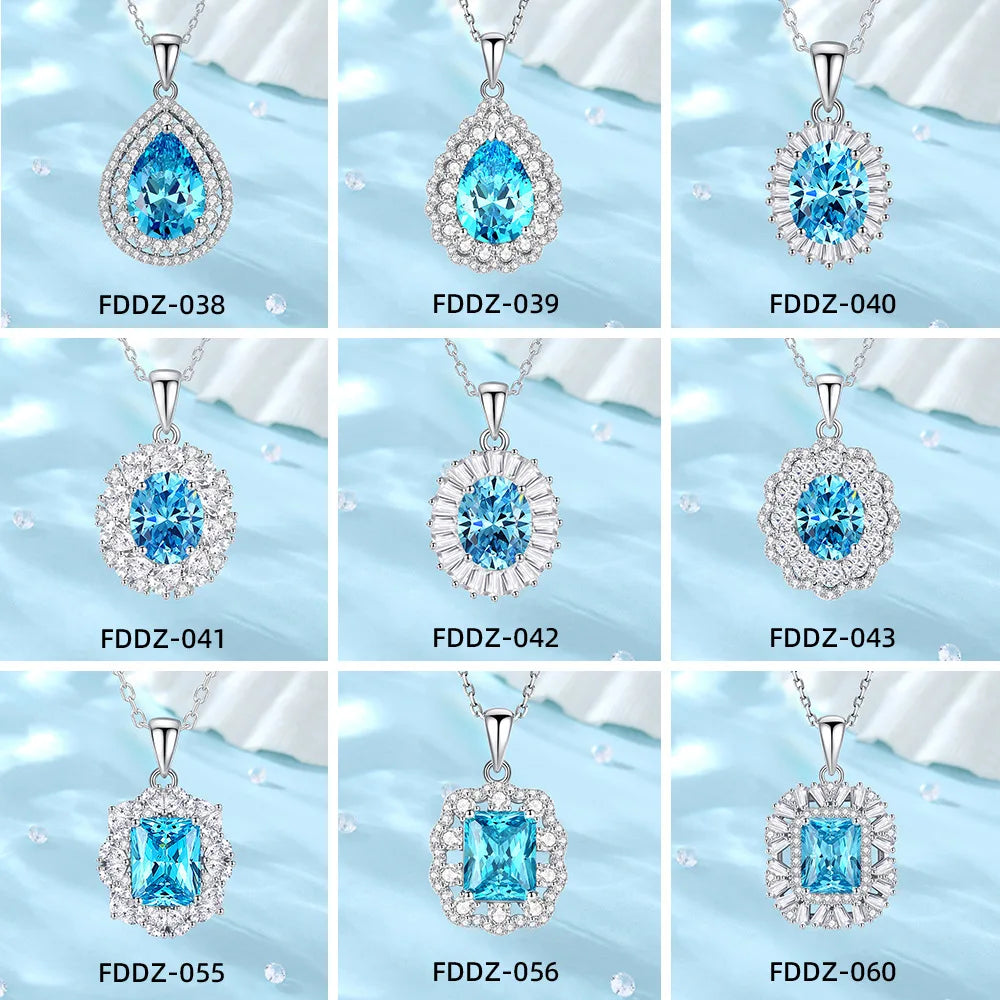 925 Sterling Silver Classic Square Blue Zircon Pendant Necklace | Luxury Blue Stone Clavicle Chain Birthday Gift for Women