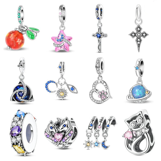 Original S925 Sterling Silver Cross Charm Celtic Knot Crystal Star Bead Pendant DIY Jewelry Bracelet Accessories