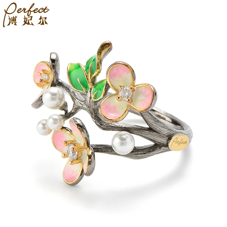 New Style Handmade Design Enamel Jewelry Women Flower Shape Luxury 925 Sterling Silver Ring