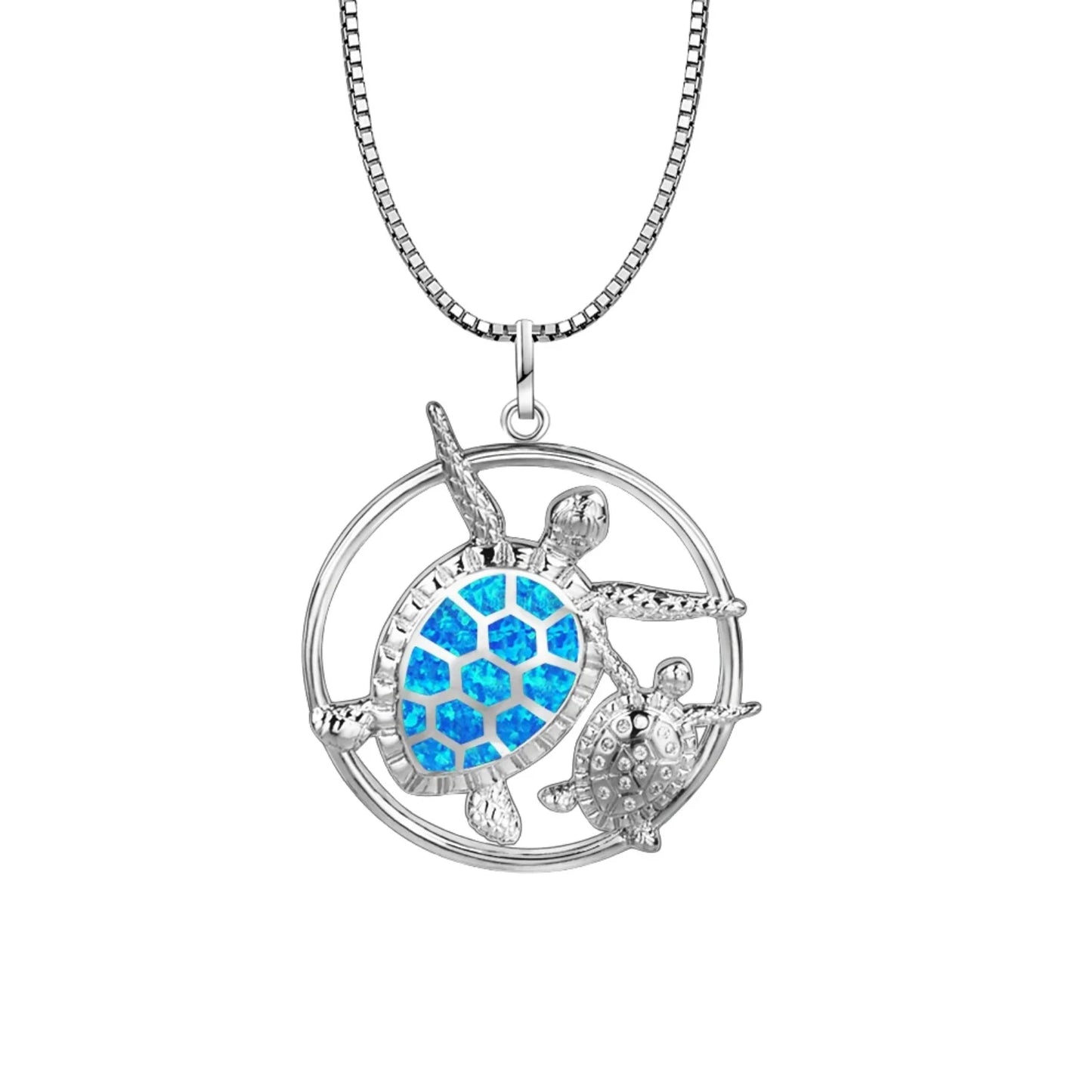 Minimalist Silver Turtle Pendant with Blue Opal | Delicate Copper Box Chain Lariat Necklace-Ladies Gift