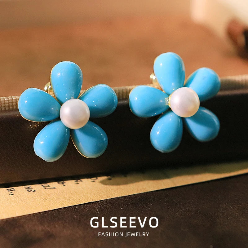 Natural Freshwater Pearl Earrings Blue Turquoise Flower-Shaped Earrings Beach Holiday Birthday Gift  for Women Jewellery GE1749