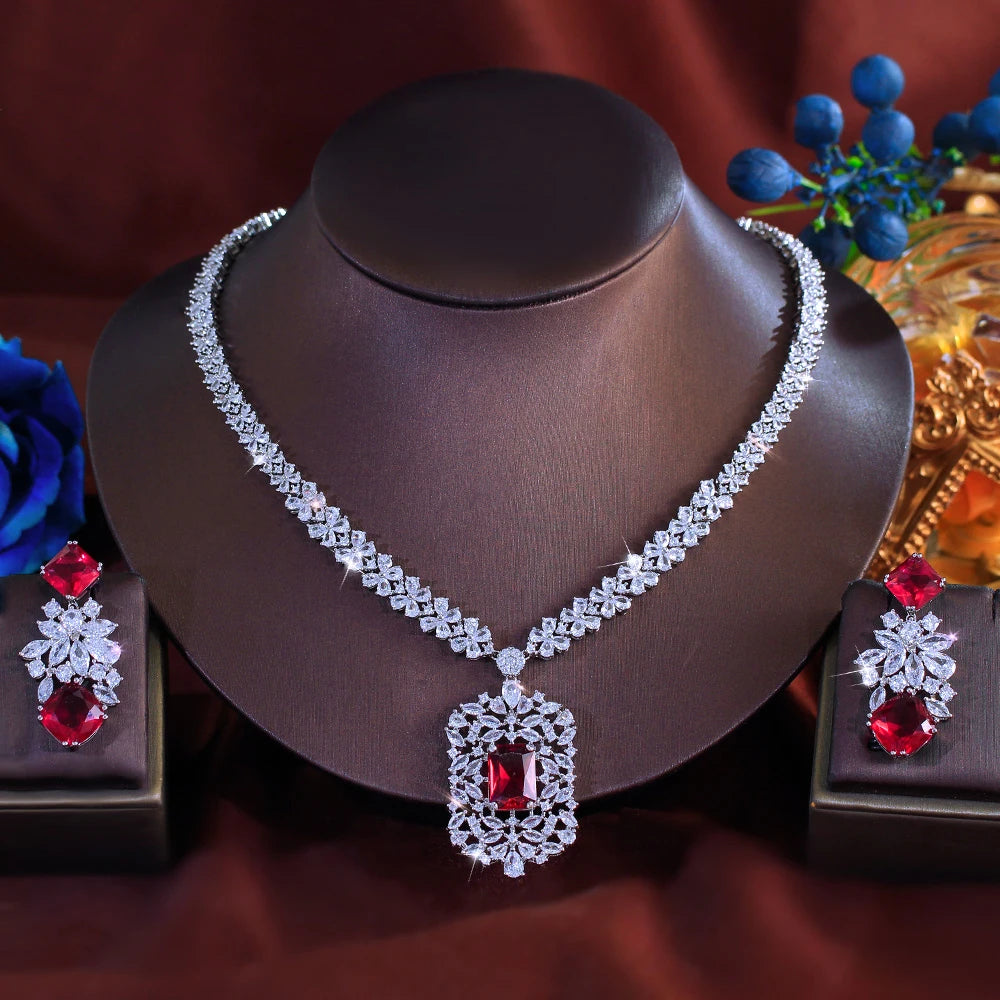 White Gold Color Blue Shiny Cubic Zircon Stone Indian Women Luxury Wedding Necklace and Earrings Costume Jewelry Set for Brides