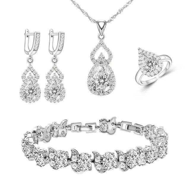 XOTICA Women's Classic Platinum Plated Silver 925 Custom Jewelry Sets Red Zircon Earrings Necklace Ring Bracelets for Engagement