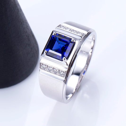 Messi Jewelry MSR-1187 Custom 18K White Gold Asscher Lab Sapphire Gemstone Men Rings