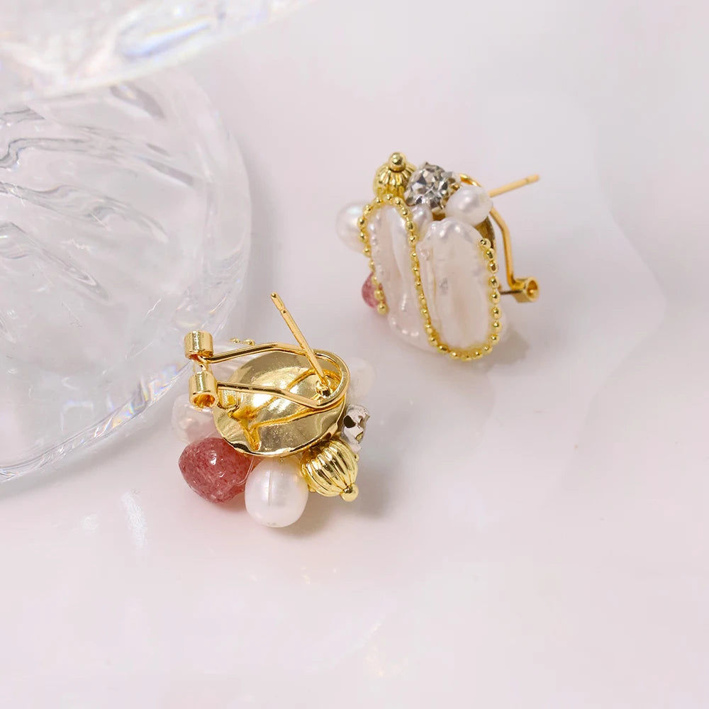 Natural Freshwater Baroque Pearl Strawberry Crystal Earrings Korean Style Women Luxury Jewelry Fashion Ladies and Girls Gift