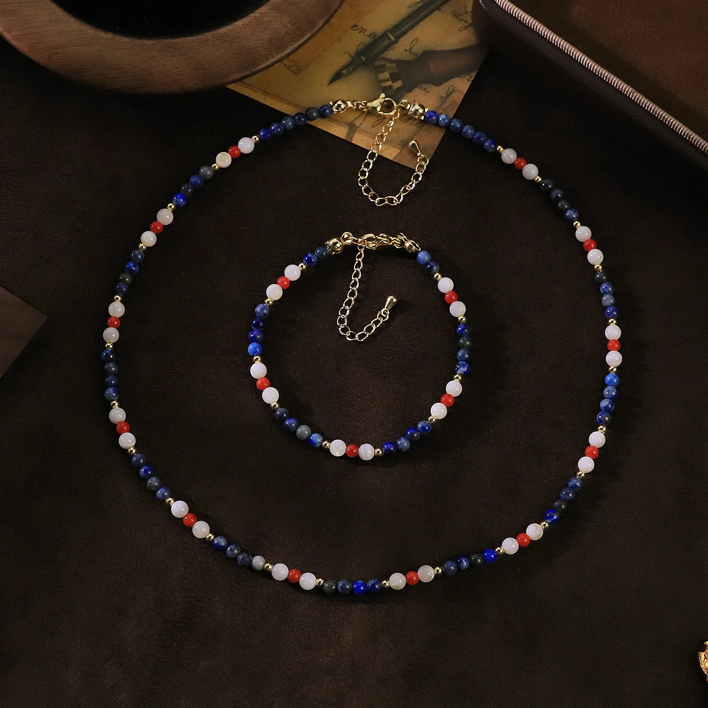 GLSEEVO Natural Freshwater Pearl, Red Coral & Lapis Lazuli Beaded Necklace & Bracelet Set — Nautical Bohemian Jewellery