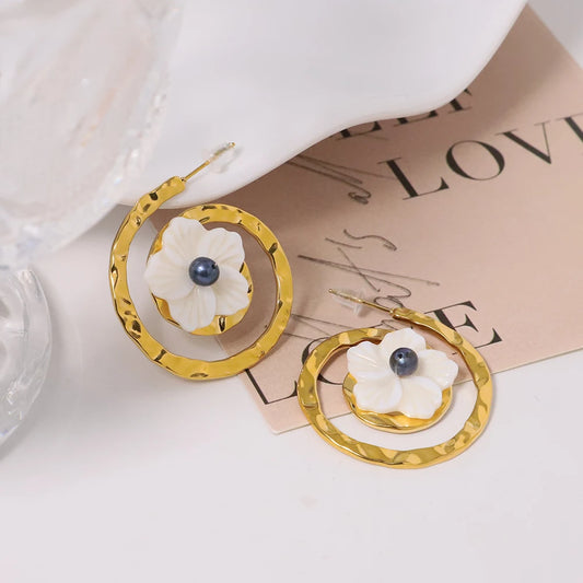 Women Cute Spiral Shell Flower Earrings With Pearl Pendant Stainless Steel Earrings Jewelry for Women Exquisite Wedding Gifts