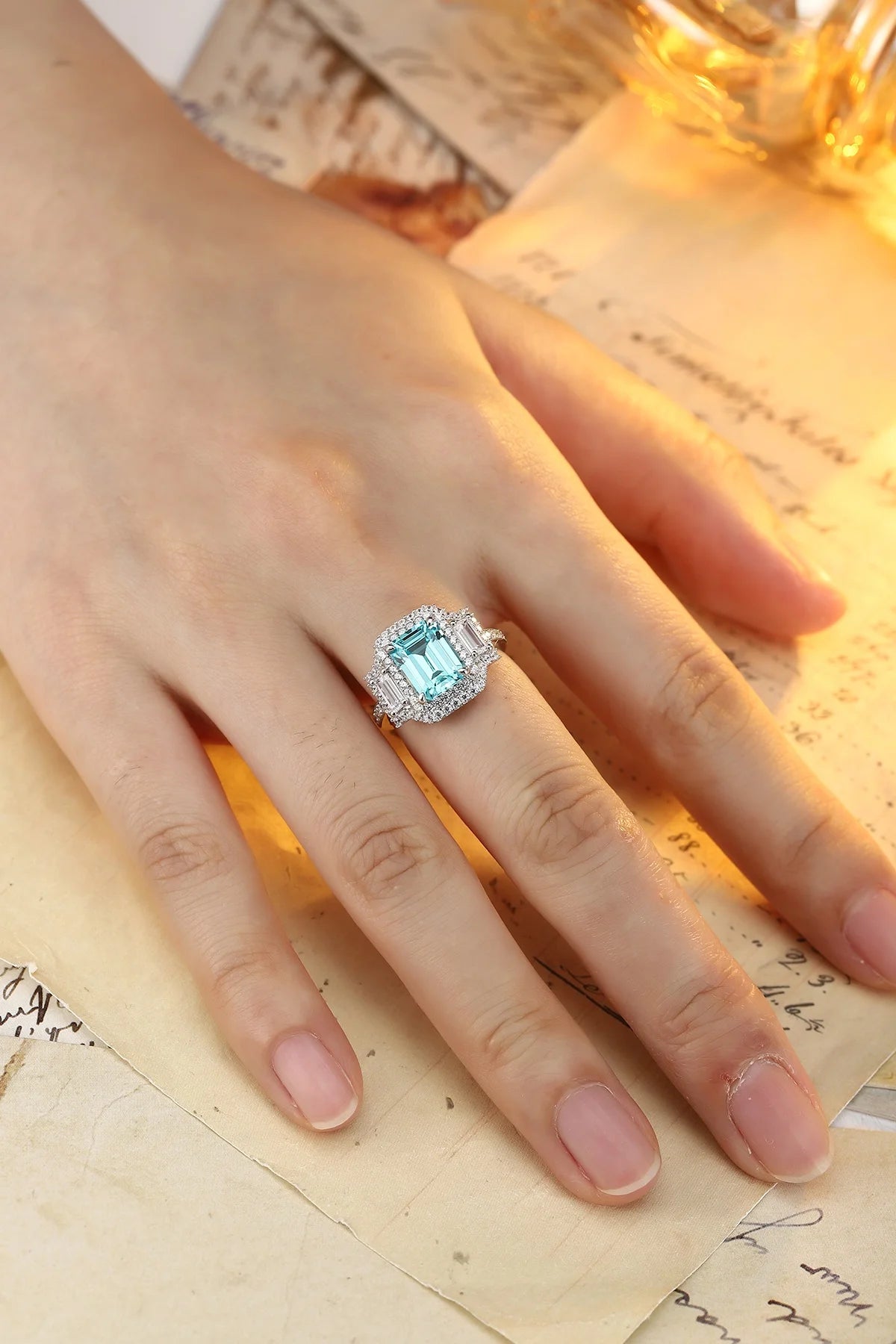 Gemfiori Vintage Lab Grown Paraiba Engagement Ring S925 Silver Rhodium Plated Prong Setting Vintage Wedding Ring for Her Charms