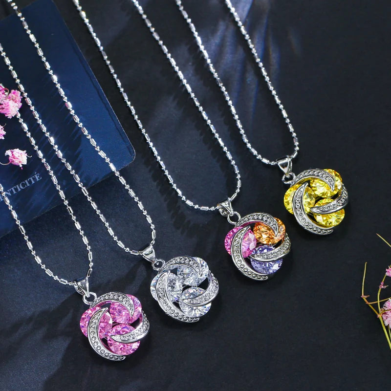3pcs Geometric Multi Color Cubic Zirconia Crystal Cute Pendant Chian Necklace Earring and Finger Rings Jewelry Sets for Female