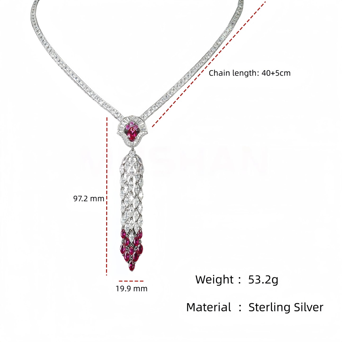 MUSHAN Luxury High Carbon Diamond Ruby Stone Tassel Pendant Necklace 925 Sterling Silver Women Engagement Wedding Party