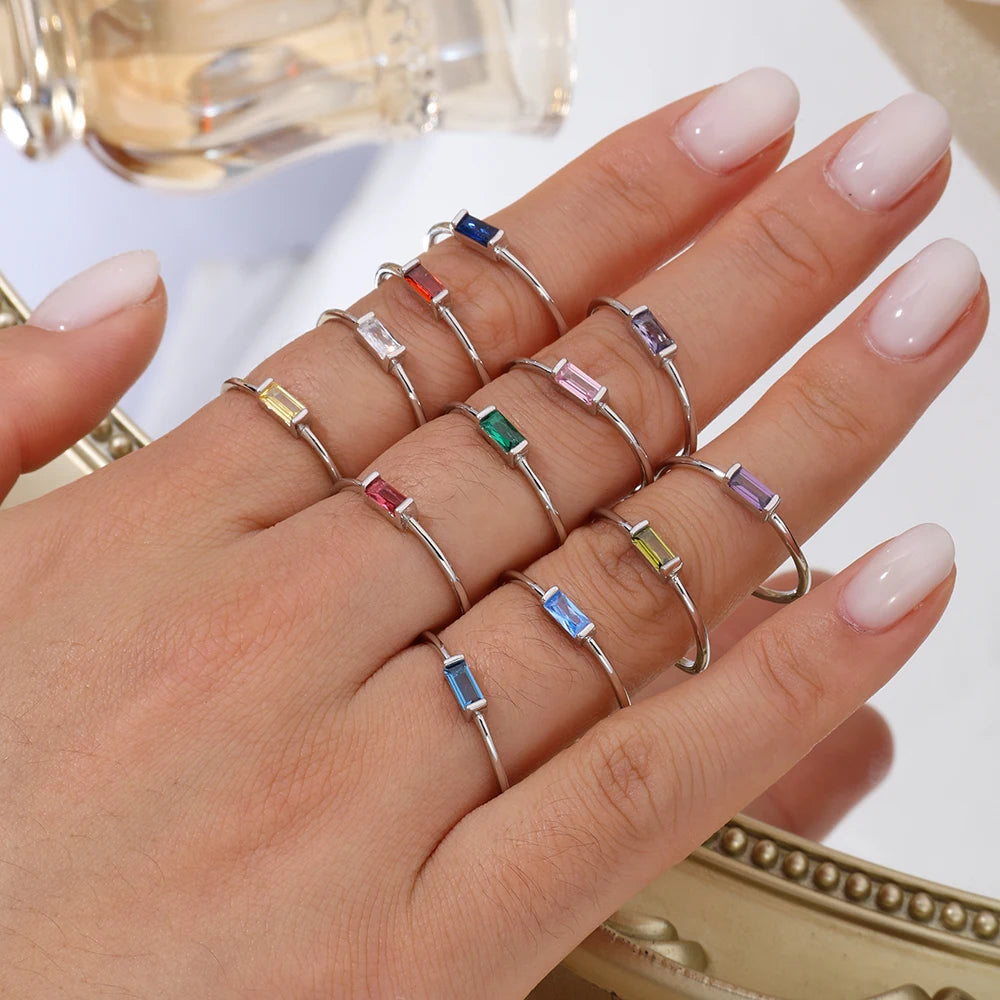 Gold Rhodium Plated Thin Pinky 925 Sterling Silver Romantic Party Colorful Square CZ Zirconia Gemstone Women's Birthstone