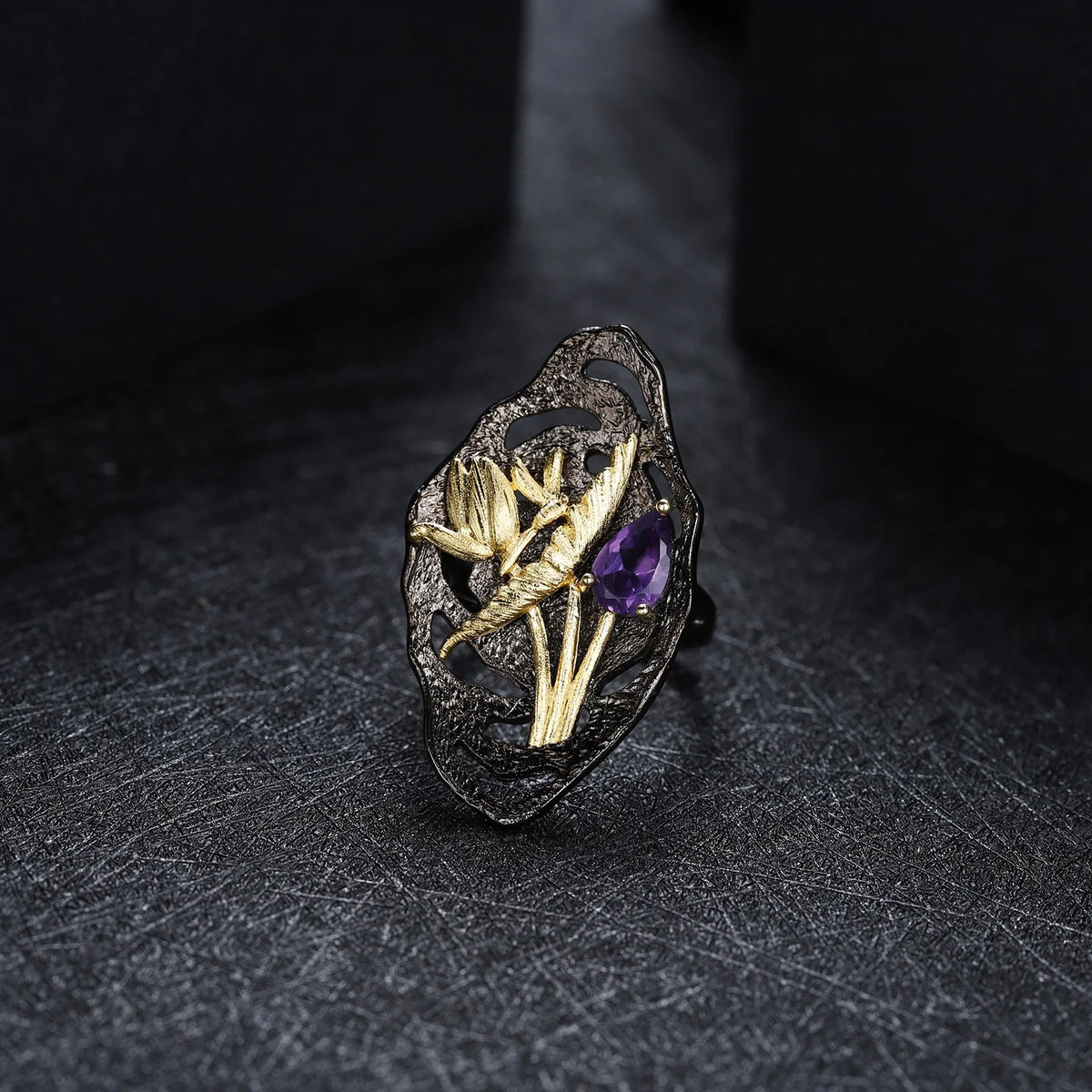ArtistA Abiding Dreamy Summer Stylish 925 Stamped Silver Natural Amethyst Ladies Vintage Lotus Bud & Leaves Dragonfly Jewelry Set
