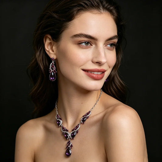 Luxury Princess-Cut Zirconia & Pearl Floral Statement Necklace & Drop Earrings Set — Silver Plated