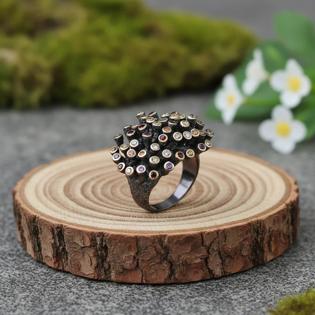 Handmade Coral 925 Sterling Silver Gemstone Coral Black Ring/Gemstone Sterling Silver Rings Yellow