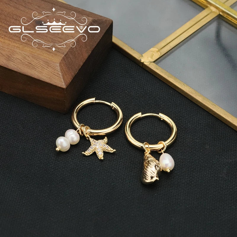 Starfish Sea Snail Natural Fresh Water Pearl Dissymmetry Earring for Woman Original Unique Western Fashion Party Jewelry