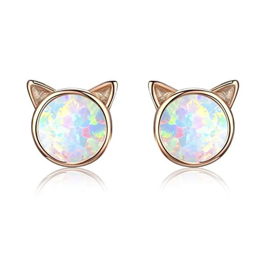 Adorable Cute Animal Cat Head Opal Drop Earrings Copper Alloy Christian Dainty Gift for Women