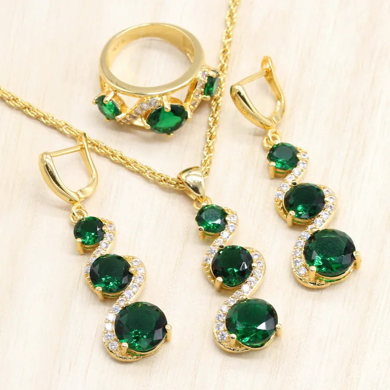 XOTICA Gold Plated Women Wedding Jewelry Sets Green Stones Earrings Bracelet Pendant Necklace Ring Gift