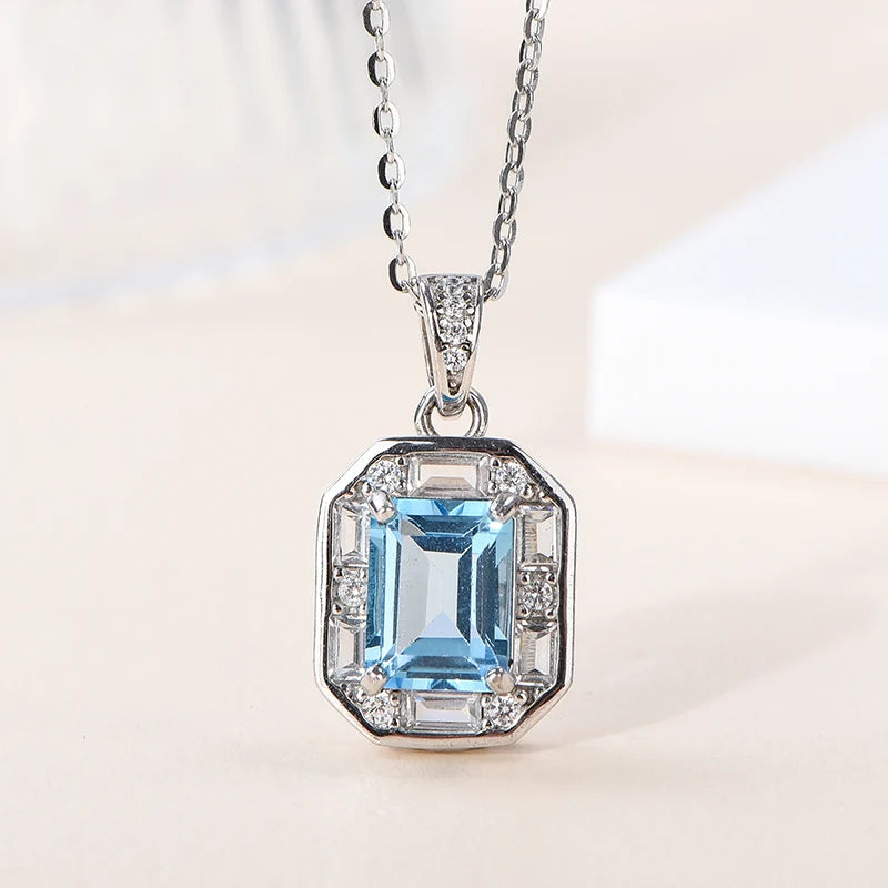 Gioiellieri Fine Jewelry 925 Silver Rhodium Plated Emerald Cut Natural Topaz Pendant Necklace Claw Setting CMA Certified for Women