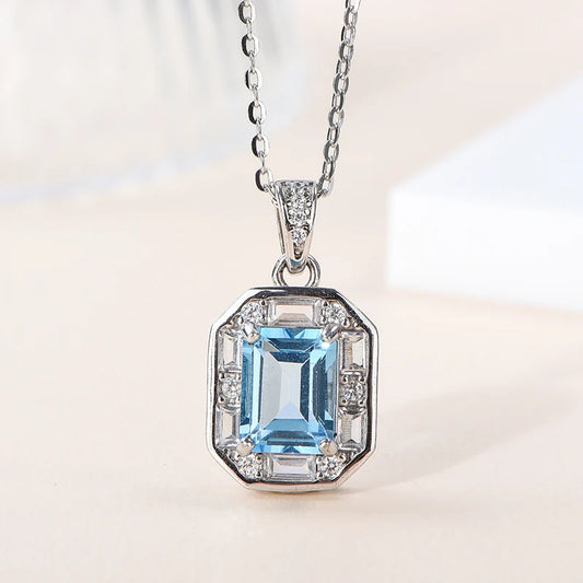 Gioiellieri Fine Jewelry 925 Silver Rhodium Plated Emerald Cut Natural Topaz Pendant Necklace Claw Setting CMA Certified for Women