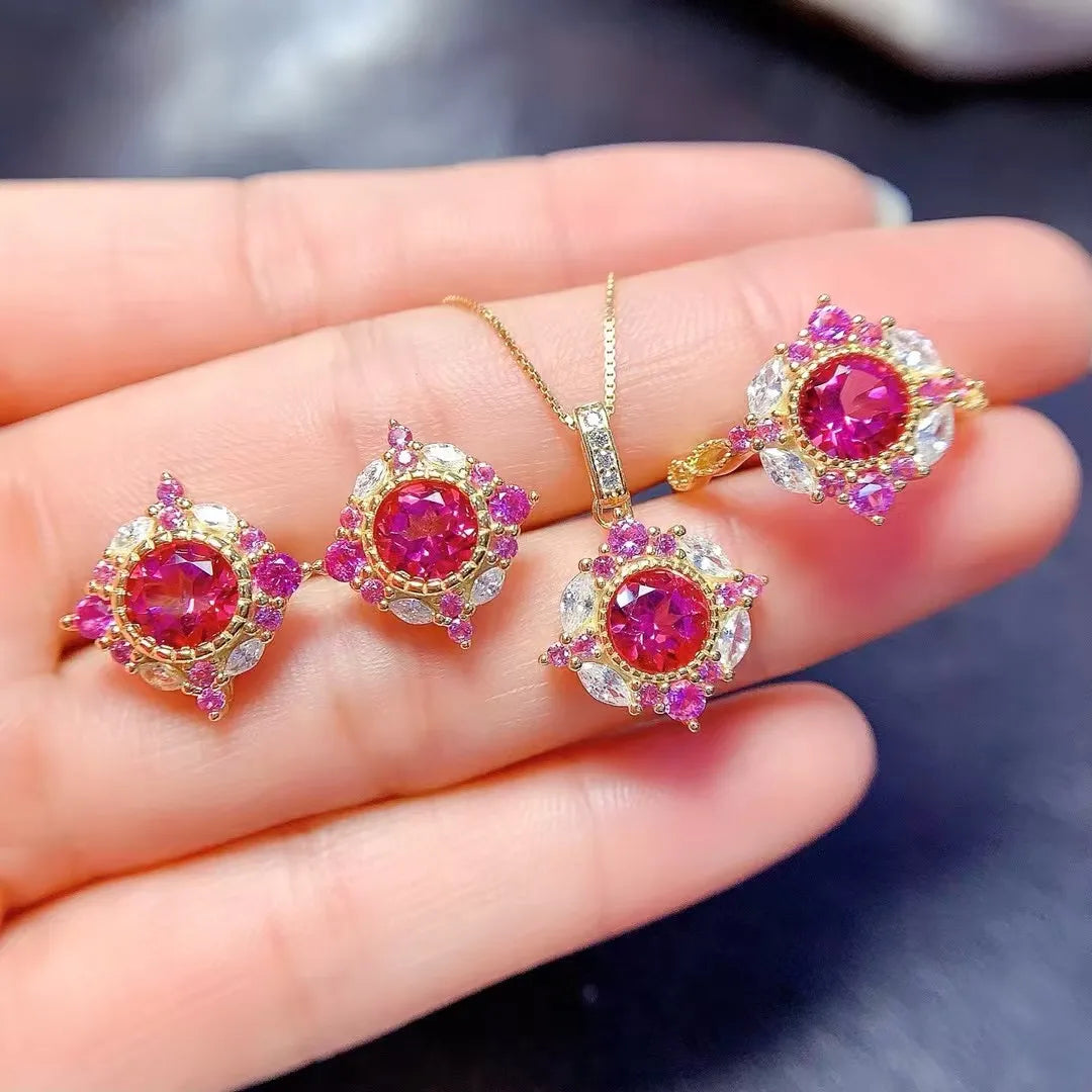 S&S Natural Pink Topaz 925 Silver Jewellery Set | 18K Gold Plated Necklace, Ring & Earrings | November Birthstone | S&S Collection