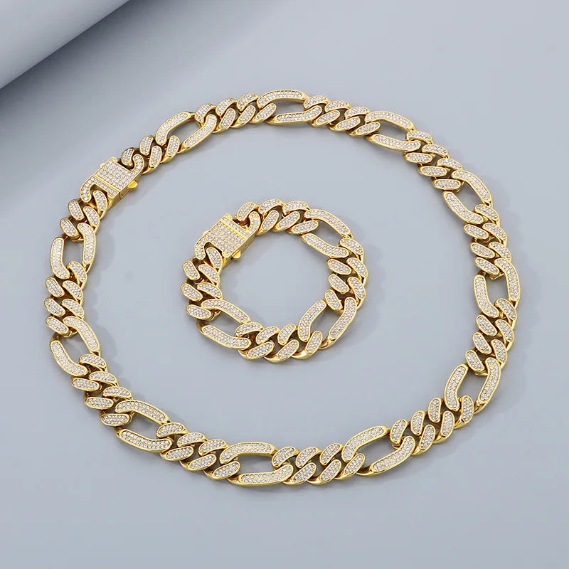 S&S 2PCS/SET European and American Stainless Steel Hip-hop Full Diamond Cuban Chain Stainless Steel Men's Necklace Bracelet Set 2