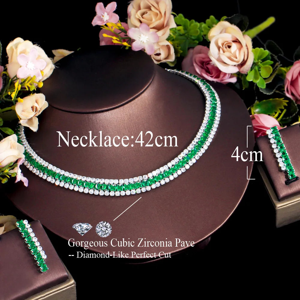 Sparkly Multiple Green Cubic Zirconia Setting Silver Plated 2pcs Bridal Wedding Event Round Necklace and Earring Jewelry Sets
