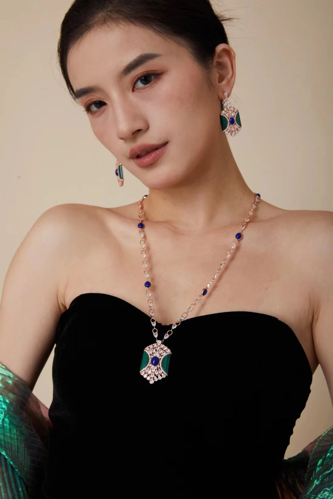 Luxury Green Malachite & Blue Stone Claw-Set Long Tassel Pendant Necklace & Earrings Dubai Bridal Set — Rose Gold Plated